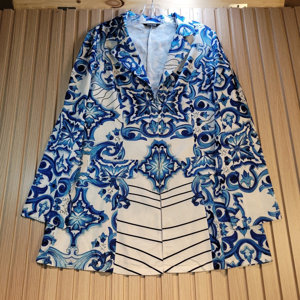 ChicMe Womens Blue White Damask Print Open Front Blazer Jacket XL ODT0553